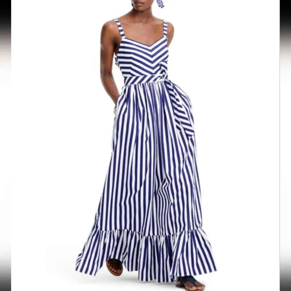 J. Crew Navy and White Striped Ruffle Maxi Dress
